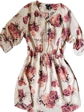 Rue21 Cream Dress with Pink Rose Print and Gold Zip